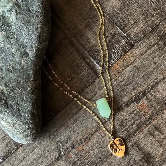 NEW Free People x Luna Norte Green Aventurine & Leaf Layer Necklace - Picture 10 of 15